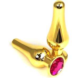  Золотистая удлиненная анальная пробка с розовым кристаллом 11,5 см 
