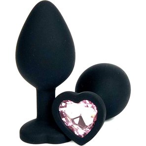  Черная силиконовая пробка с нежно-розовым кристаллом-сердечком 8 см 