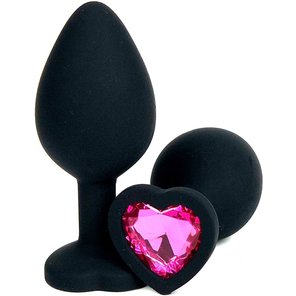  Черная силиконовая пробка с розовым кристаллом-сердцем 8 см 