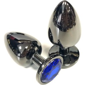  Черная металлическая анальная пробка с синим стразом 6,5 см 