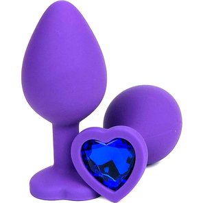  Фиолетовая силиконовая анальная пробка с синим стразом-сердцем 8 см 