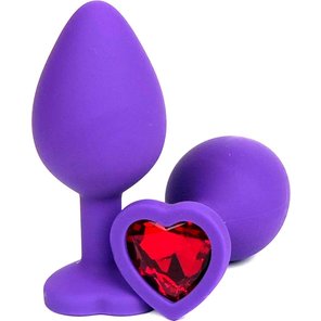  Фиолетовая силиконовая анальная пробка с красным стразом-сердцем 8 см 