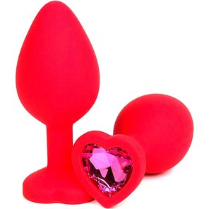  Красная силиконовая анальная пробка с розовым стразом-сердцем 8 см 