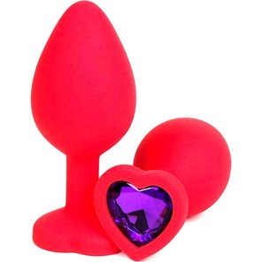  Красная силиконовая анальная пробка с фиолетовым стразом-сердцем 8 см 