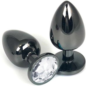  Черная металлическая анальная пробка с прозрачным стразом 6,5 см 