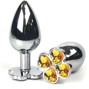  Серебристая анальная втулка с клевером из оранжевых кристаллов 6,5 см 