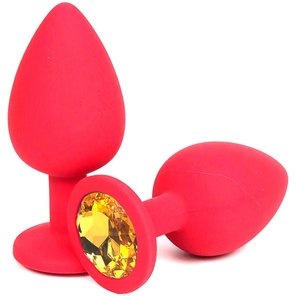  Красная силиконовая анальная пробка с оранжевым стразом 8 см 