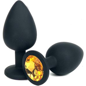  Черная силиконовая анальная пробка с оранжевым стразом 6,8 см. 