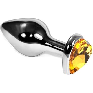  Серебристая анальная пробочка с оранжевым кристаллом-сердцем 9 см 