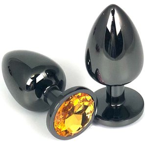  Черная металлическая анальная пробка с оранжевым стразом 6,5 см 