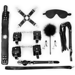  Большой набор БДСМ в черном цвете: маска, кляп, зажимы, плётка, ошейник, наручники, оковы, щекоталка, фиксатор 