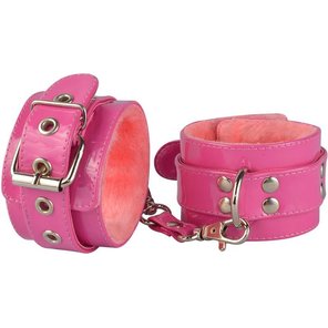 Яркие наручники из искусственной лаковой кожи розового цвета 