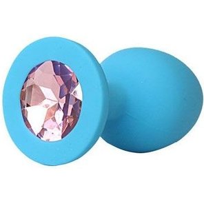  Голубая силиконовая анальная пробка с нежно-розовым кристаллом 9,5 см 