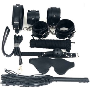  Набор БДСМ в черном цвете: наручники, поножи, кляп, ошейник с поводком, маска, веревка, плеть 