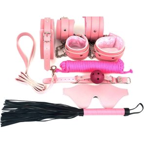  Набор БДСМ в розовом цвете: наручники, поножи, кляп, ошейник с поводком, маска, веревка, плеть 