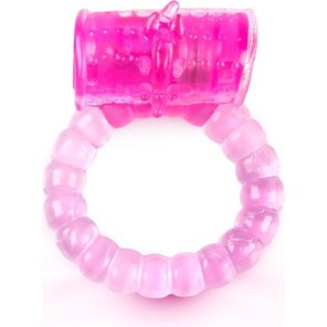  Розовое рельефное эрекционное кольцо с вибропулей 