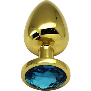  Золотистая анальная пробка с голубым кристаллом 9 см 