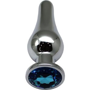  Серебристая анальная пробка с голубым кристаллом 13 см 