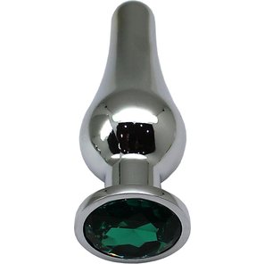  Серебристая анальная пробка с зеленым кристаллом 13 см 