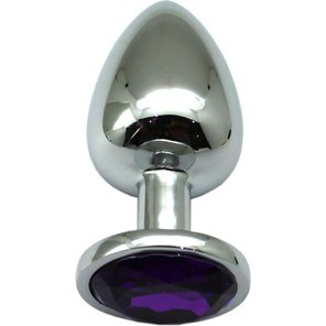  Серебристая анальная пробка с фиолетовым кристаллом 9 см 