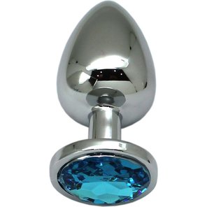  Серебристая анальная пробка с голубым кристаллом 9 см 