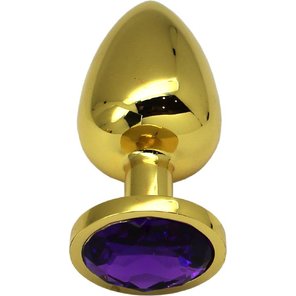  Золотистая анальная пробка с фиолетовым кристаллом 9 см 