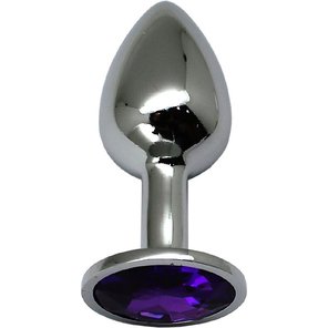  Серебристая анальная втулка с фиолетовым стразом 7 см 