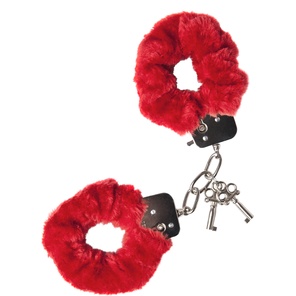  Красные меховые наручники с металлическим крепежом 