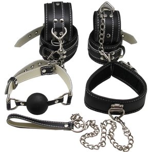  Пикантный БДСМ-набор на мягкой подкладке: наручники, поножи, ошейник с поводком, кляп 
