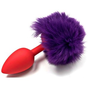  Красная силиконовая анальная пробка с пушистым фиолетовым хвостиком 