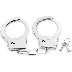  Серебристые металлические наручники на сцепке с фигурными ключиками 