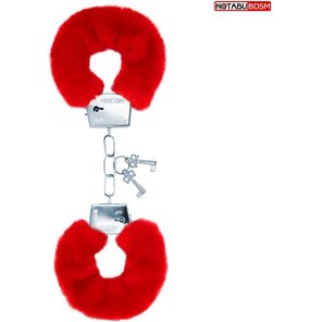  Красные меховые наручники на сцепке с ключиками 