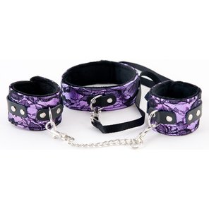  Пурпурный кружевной набор: ошейник и наручники 
