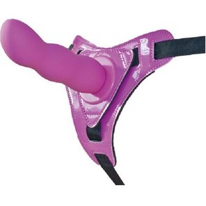  Фиолетовый страпон на трусиках Curved Dong 13,5 см 