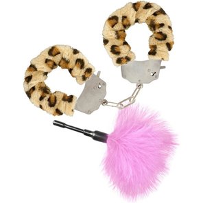  Эротический набор: леопардовые наручники и розовая пуховка 