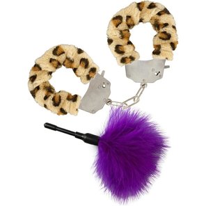  Эротический набор: леопардовые наручники и фиолетовая пуховка 