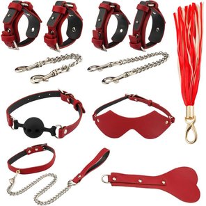  Оригинальный БДСМ-набор из 9 предметов в красной кожаной сумке 