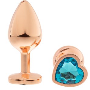  Золотистая анальная пробка OYO с голубым кристаллом-сердцем 7,3 см 