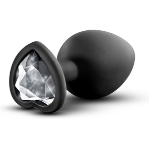  Черная анальная втулка с прозрачным кристаллом в виде сердечка Bling Plug Small 7,6 см 
