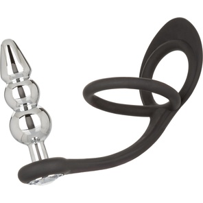  Серебристая анальная елочка с кристаллом и черным эрекционным кольцом Beaded Plug 
