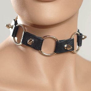  Кожаный черный ошейник с кольцами и шипами 