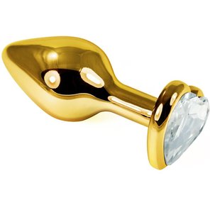  Золотистая анальная пробка с прозрачным кристаллом-сердечком 7,6 см 