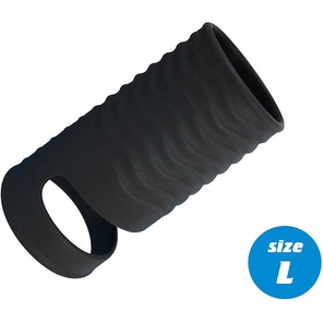  Черная открытая насадка на пенис с кольцом для мошонки L-size 8,5 см 
