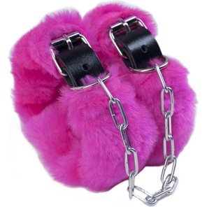 Кожаные наручники со съемной розовой опушкой 