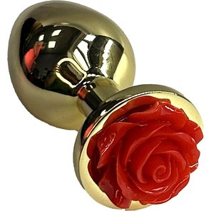  Золотистая анальная пробка с ограничителем в форме красной розы 9 см 