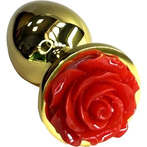  Золотистая анальная пробка с ограничителем в форме красной розы 8 см 