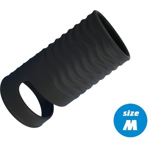  Черная открытая насадка на пенис с кольцом для мошонки size M 7,9 см 