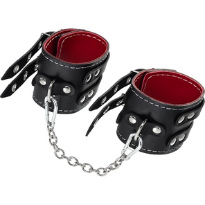  Черные кожаные оковы с двумя ремнями и красной подкладкой 