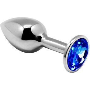  Серебристая анальная втулка с синим кристаллом Mini Metal Butt Plug Size S 7 см 