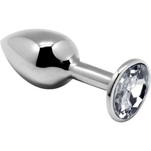  Серебристая анальная втулка с прозрачным кристаллом Mini Metal Butt Plug Size M 8 см 